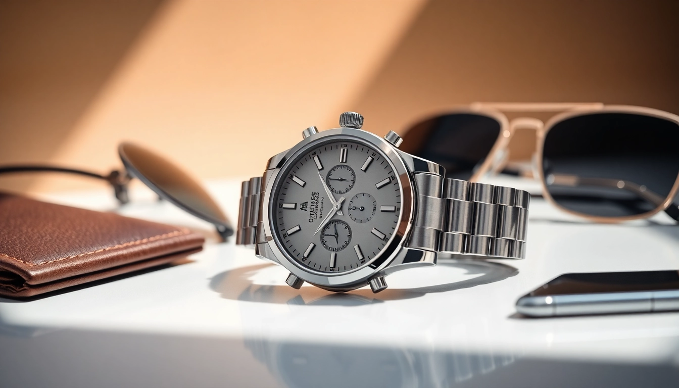 Showcase of a replica watch alongside luxury accessories, highlighting elegance.