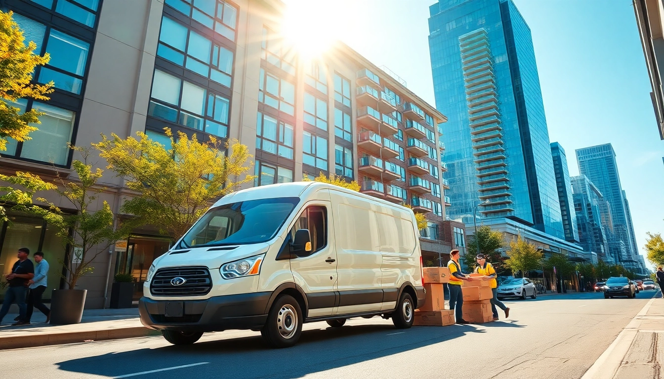 Toronto movers efficiently transporting boxes to a modern building in a lively urban setting.