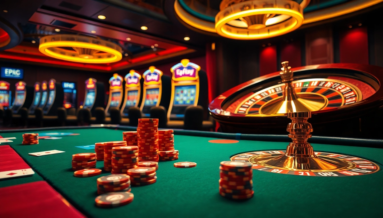 KPI4D gambling scene featuring a vibrant casino with a poker table, roulette wheel, and slot machines.