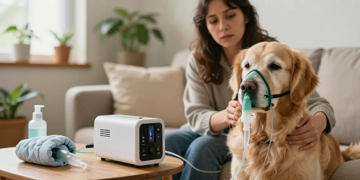 Pet Oxygen therapy equipment helping a senior golden retriever breathe easier.