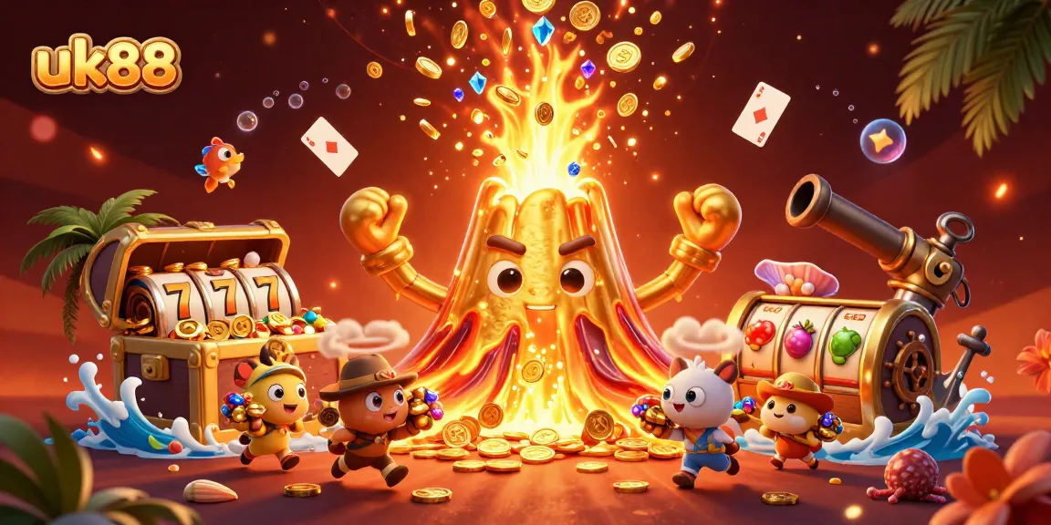 Win big with uk88's vibrant 3D casino scene featuring golden treasures and dynamic gameplay elements.