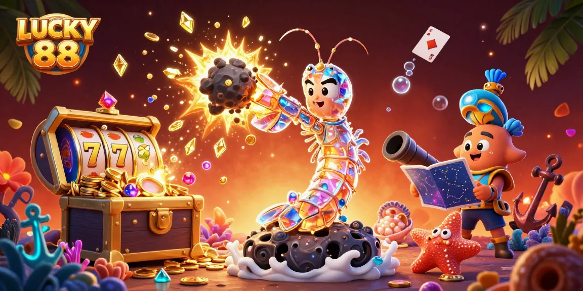 Win big with LUCKY 88, vibrant 3D illustration of slot game excitement featuring gems and treasure.