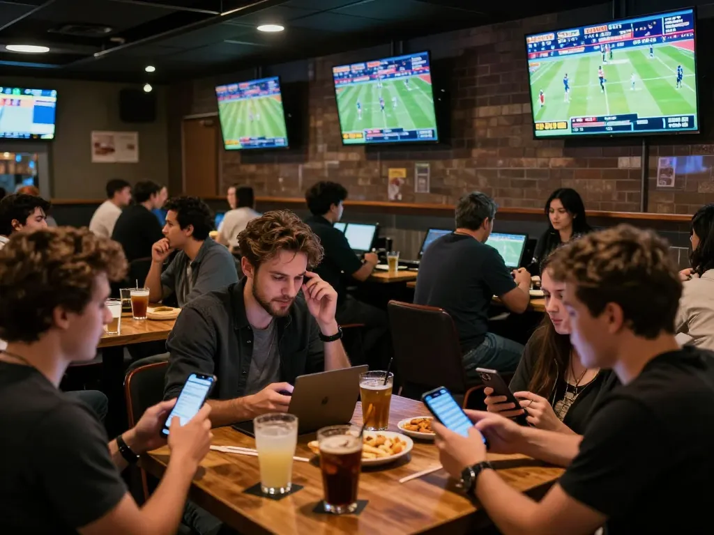 Sunwinapk patrons engaging on mobile devices while analyzing sports betting odds in a vibrant bar.