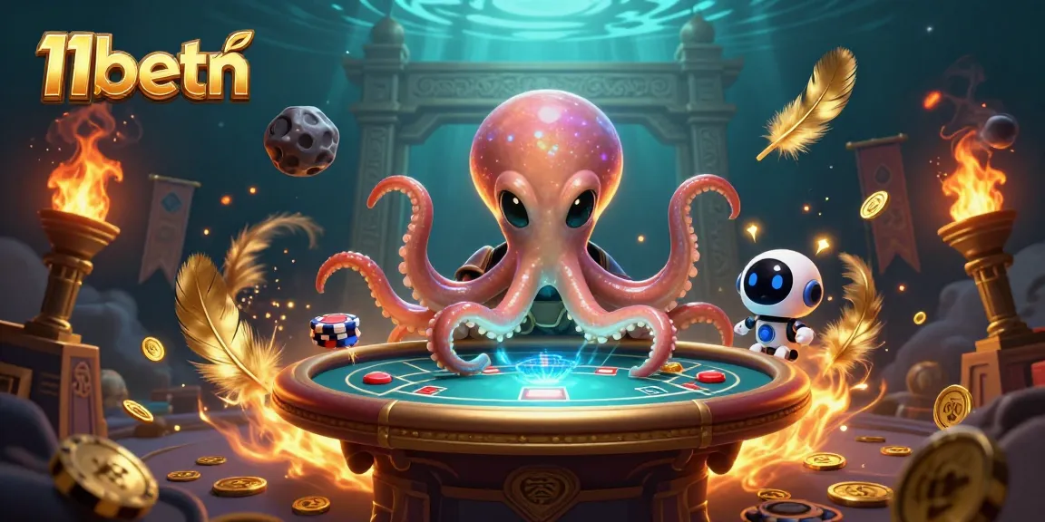 Engage with the immersive 11betn universe featuring an alien octopus at a holographic poker table.