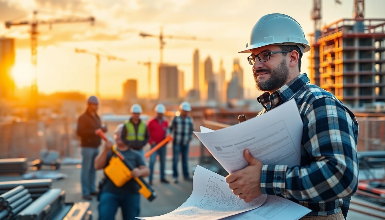 Construction career showcased through workers collaborating on a bustling job site.