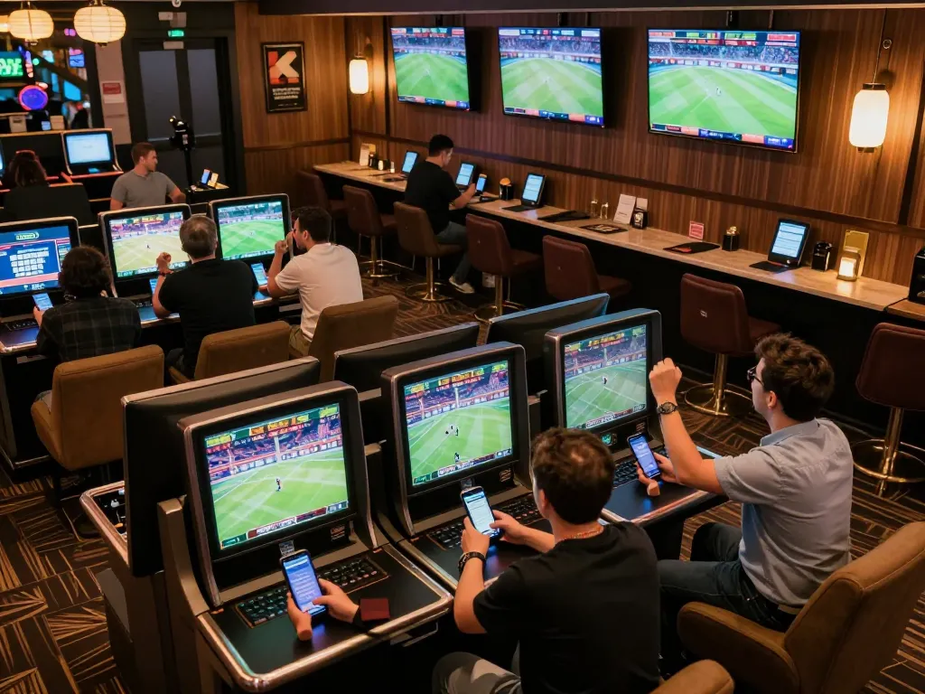 Fans place bets at KK55 sportsbook, surrounded by live sports screens and a vibrant atmosphere.