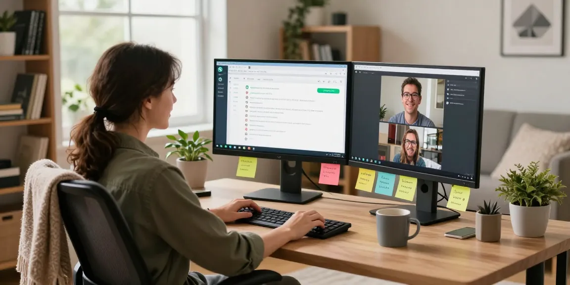Using WhatsApp電腦版 in a modern home office with dual monitors and cozy setup.