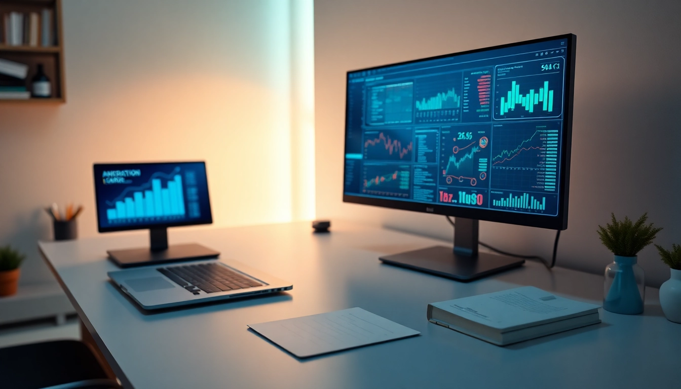 Modern workspace showcasing infosec data analytics, cybersecurity tools, and a professional atmosphere.