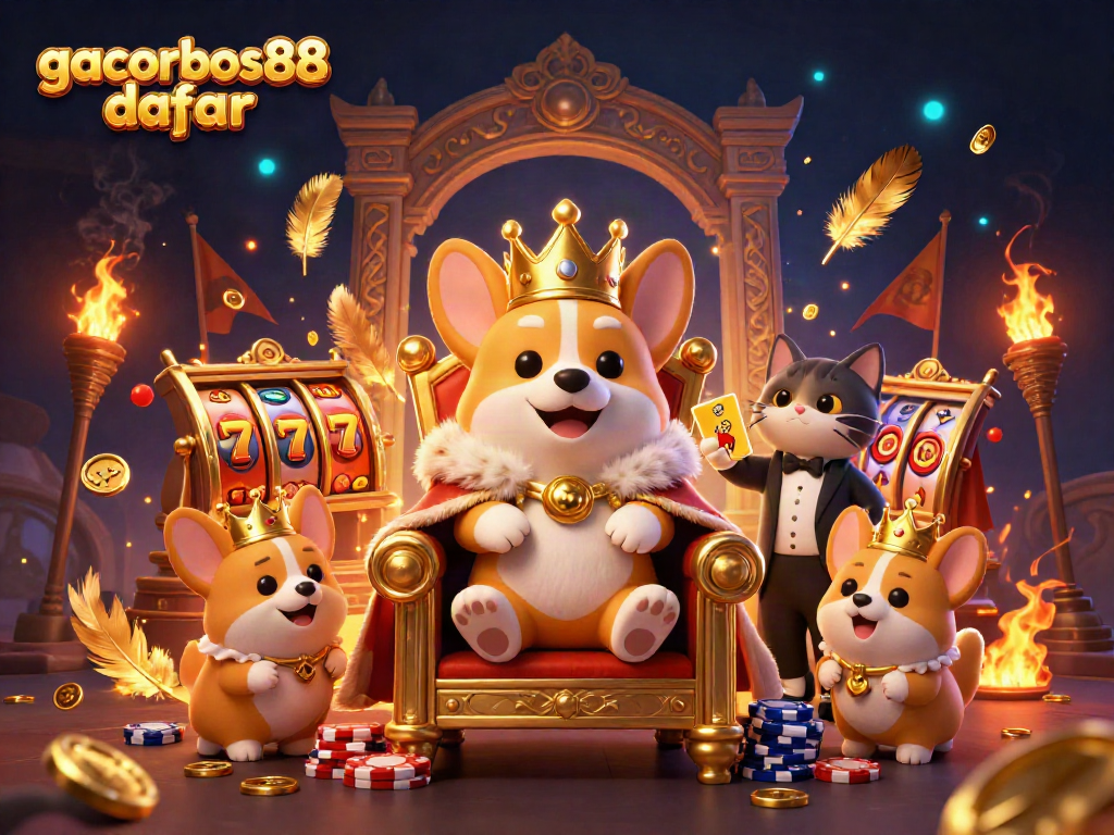 Join the action at gacorbos88 daftar with a vibrant 3D scene showcasing winning slots and royal characters.