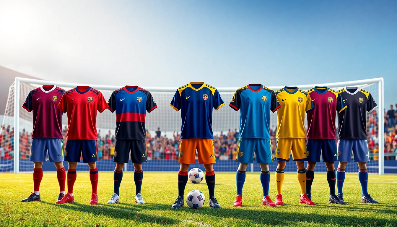 Team kit showcased on a soccer field, emphasizing vibrant colors and dynamic design.