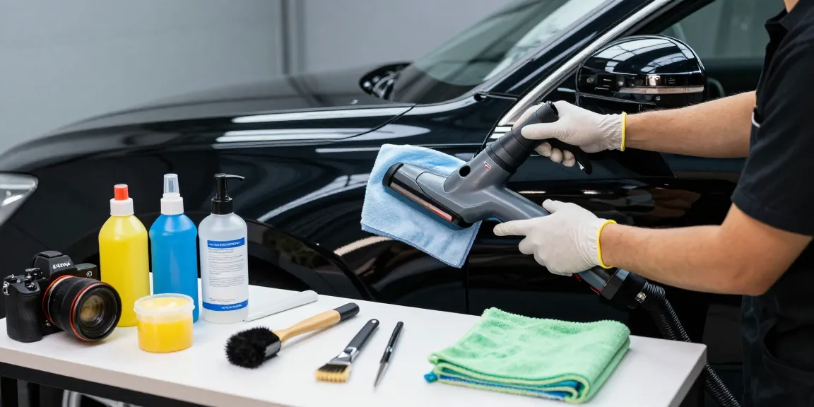 Professional car detailing in action, showcasing a detailer cleaning a car interior with specialized tools and products.