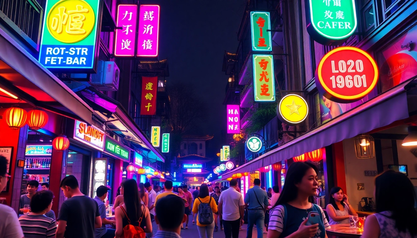 Explore the lively 하노이밤문화 scene, showcasing vibrant nightlife with neon lights.
