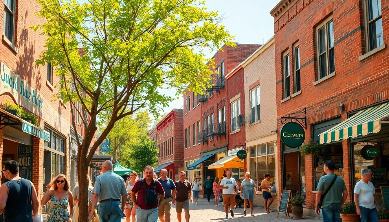 Clarksburg’s lively street showcasing community life and local shops in a vibrant atmosphere.