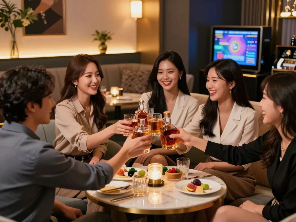 Elegant nightlife atmosphere at a Gangnam쩜오 venue, showcasing high-end decor, whiskey toast, and lively interactions.