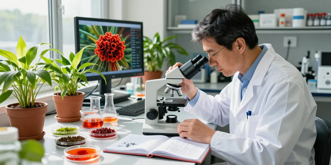 Researcher analyzing Canadian astaxanthin brand microalgae in a sunlit lab.