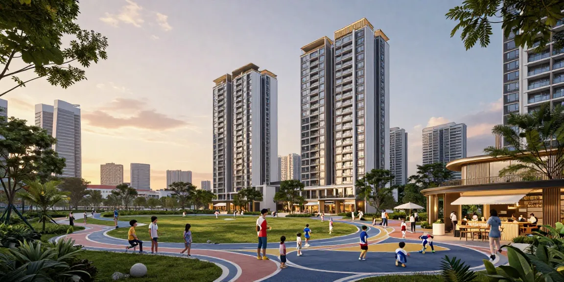 Tanjong Rhu Residences: Luxurious condominium with families enjoying community amenities in a scenic urban setting.