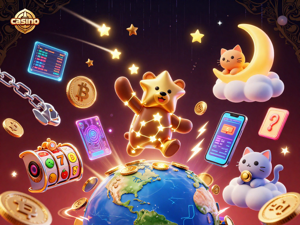 Engage in a vibrant casino scene with stars and slot elements bringing excitement.