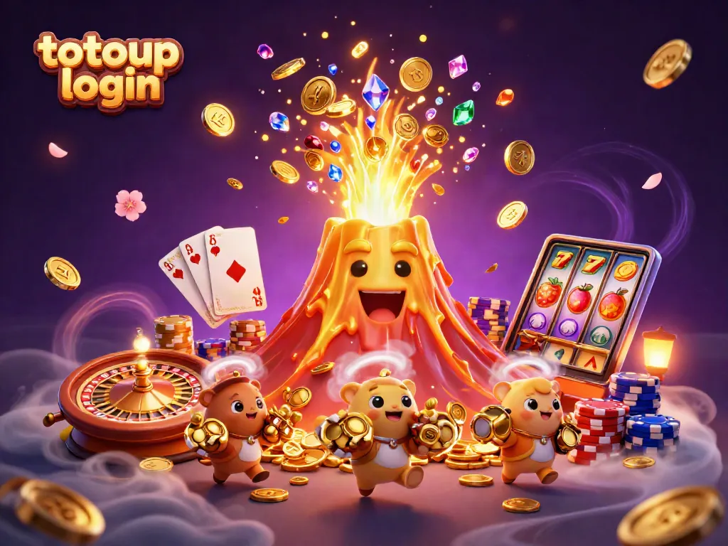 Access the vibrant totoup login portal featuring an erupting volcano of treasures.