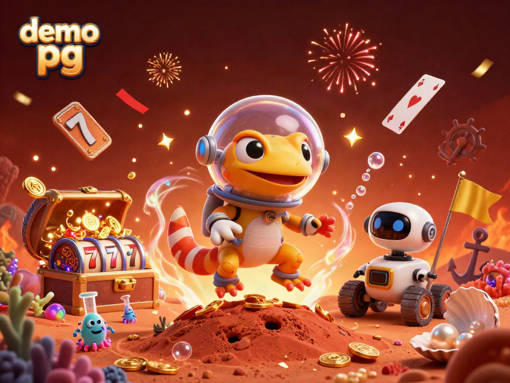 Engage with demo pg action in a vibrant 3D casino scene featuring Martian gecko and treasure.