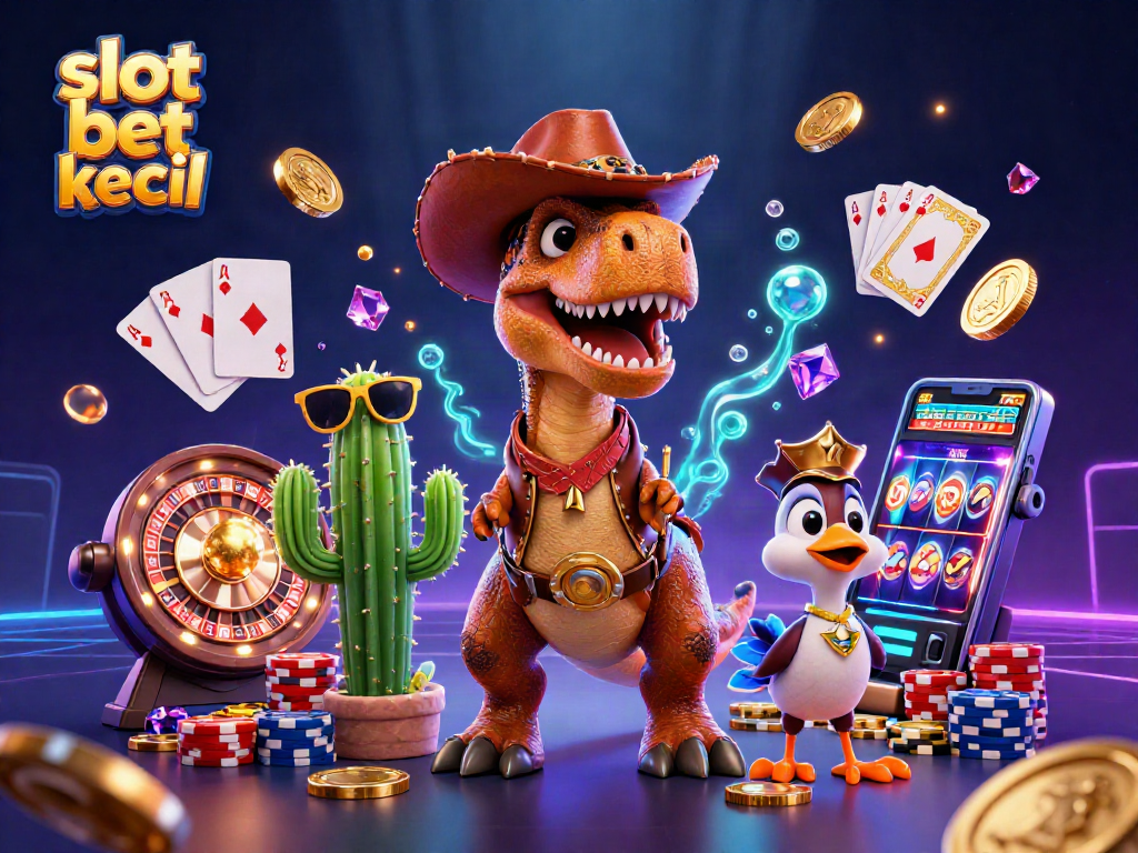 Engage with slot bet kecil in a vibrant casino scene featuring playful dinosaur characters.