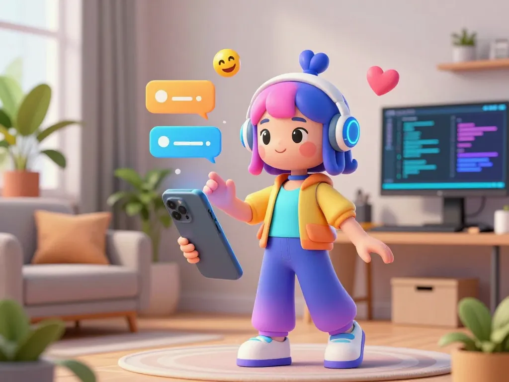 AI girlfriend chatbot character engaging in lively conversation on smartphone, showcasing emotional connectivity.