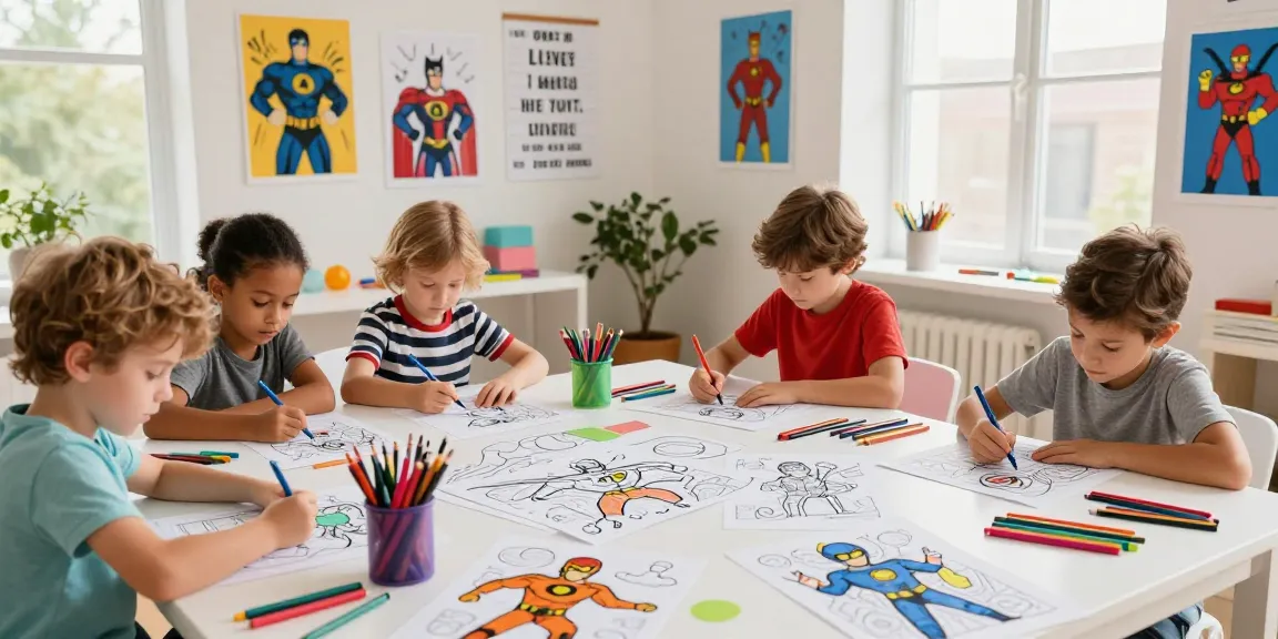 Kids enjoying superhero coloring pages with vibrant art supplies in a bright studio.