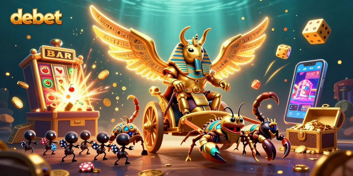 Engage in thrilling slots action with debet's vibrant casino illustration featuring a golden scarab.