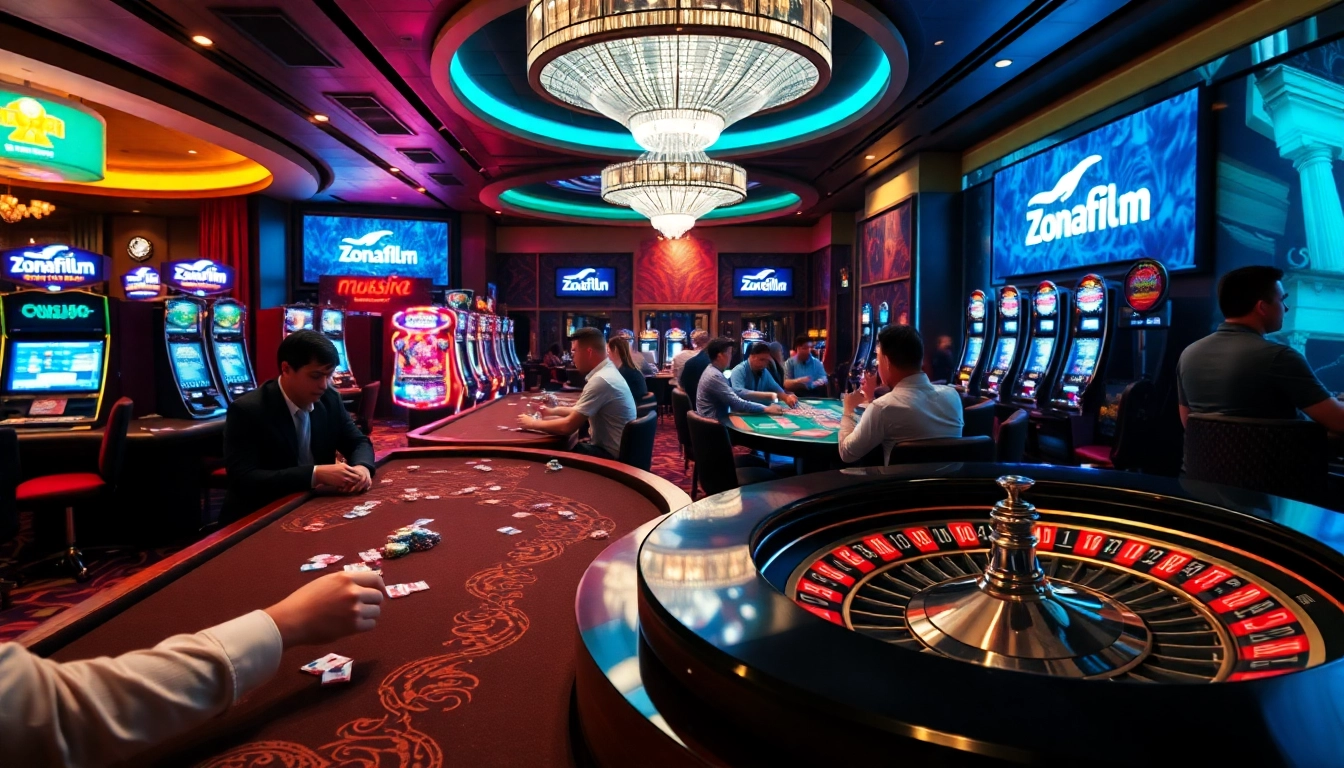 Players enjoying exhilarating games at a Zonafilm-themed luxurious casino, showcasing poker tables and vibrant slot machines.
