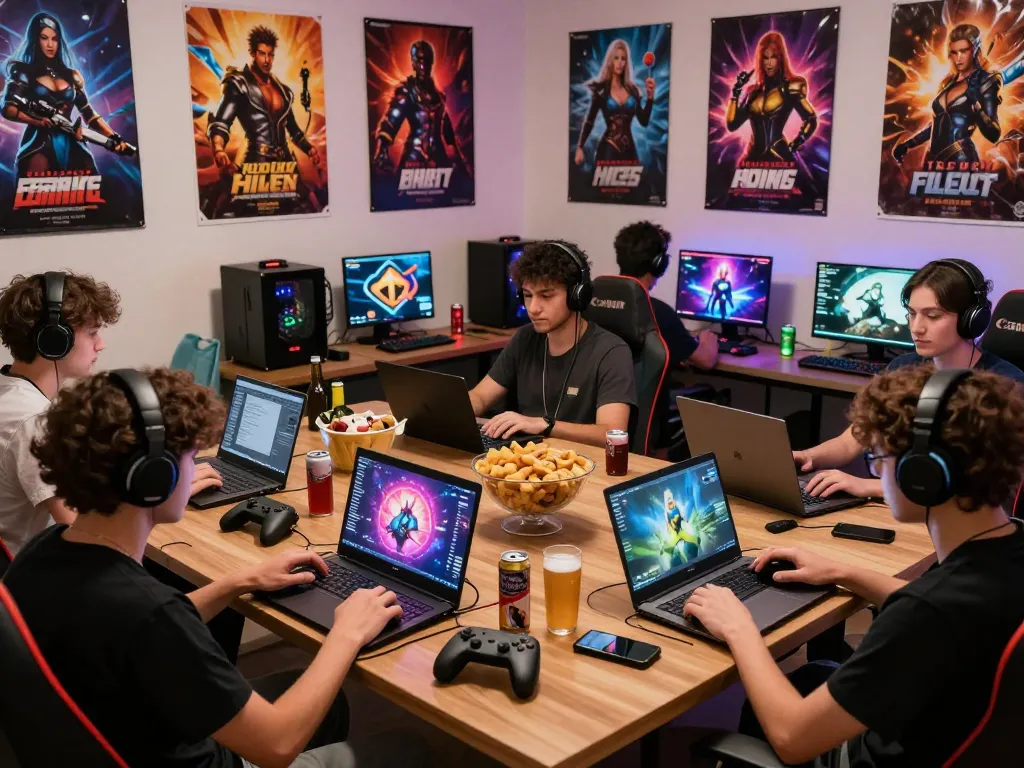 Players engaged in interactive sex games online in a vibrant gaming lounge.