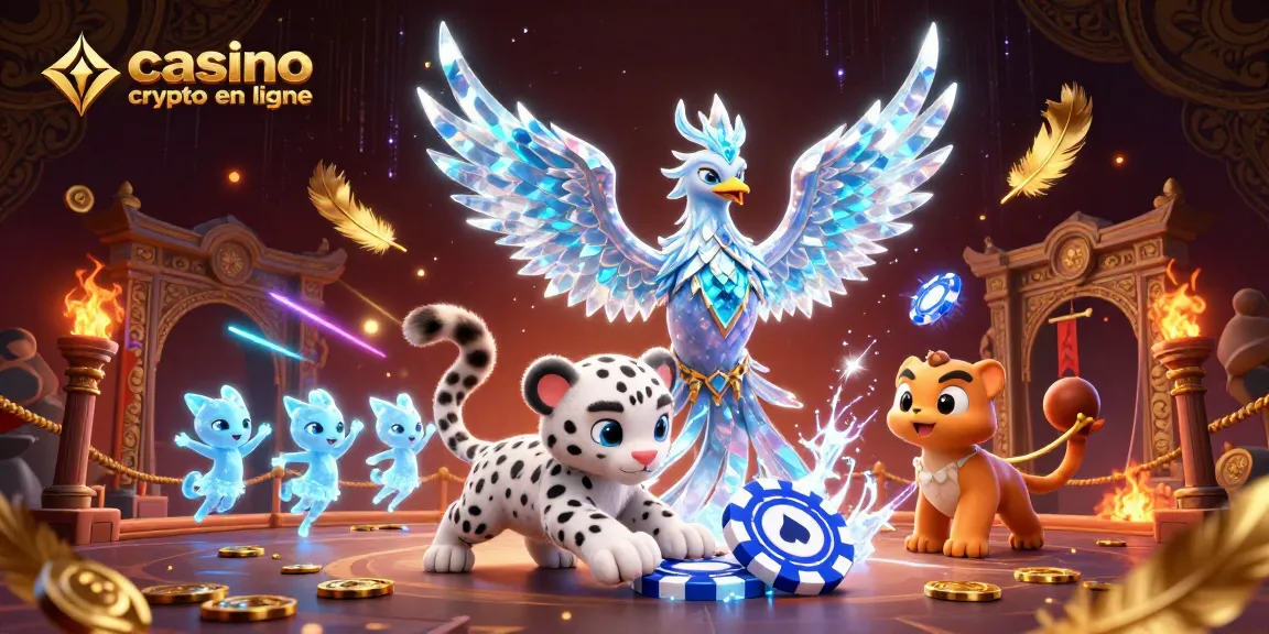 Plongez dans l'univers du casino crypto en ligne avec une illustration captivante d'un phénix de glace et un enfant léopard jouant.