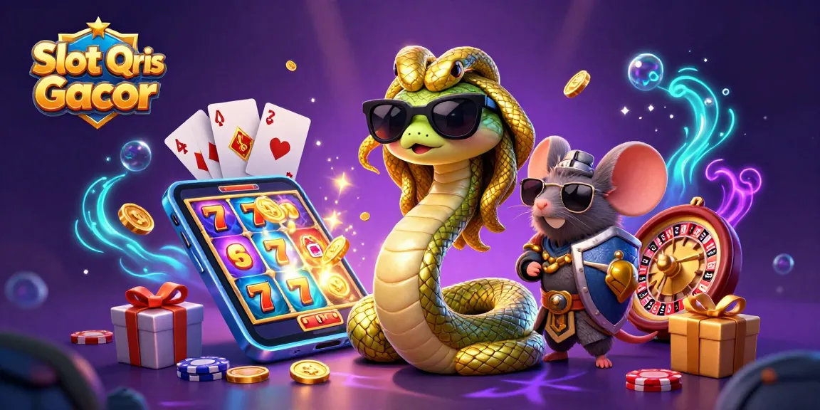 Spin the reels on Slot Qris Gacor while Medusa and a warrior mouse celebrate gameplay with golden coins.