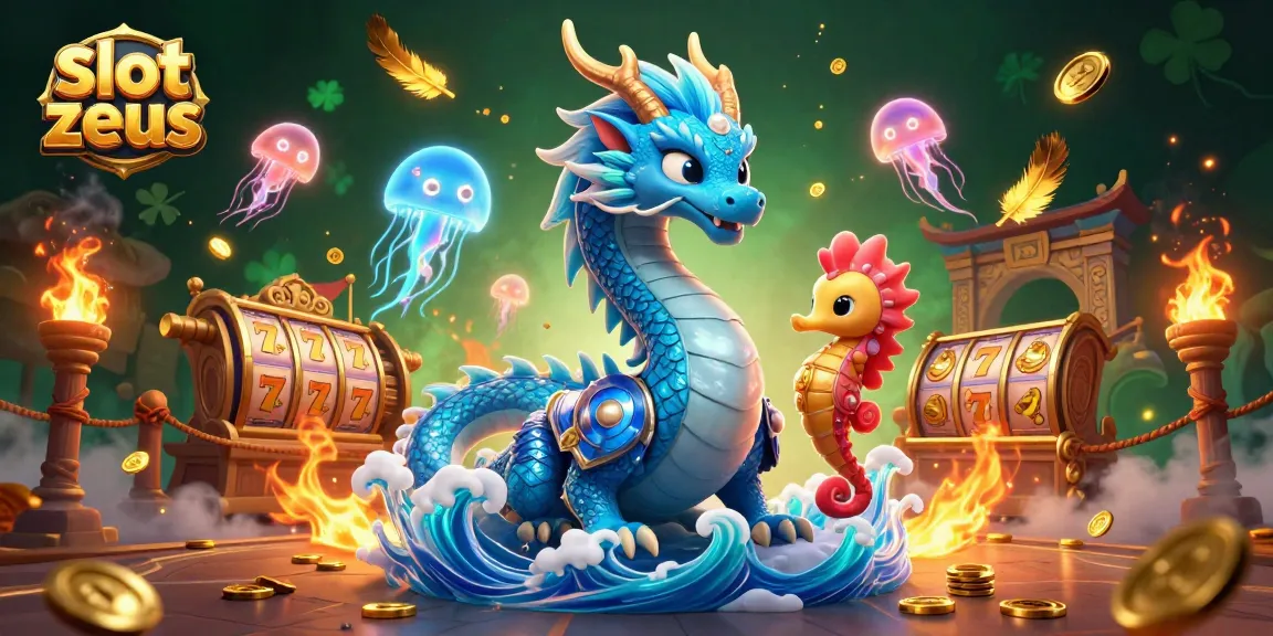 Playing the slot zeus game, enchanting visuals with a water dragon and seahorse knight amidst gold coins.