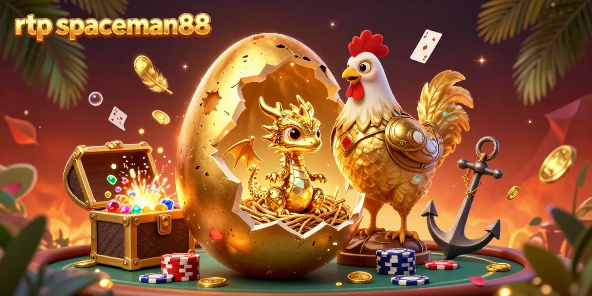 Experience the thrilling rtp spaceman88 with a stunning golden dragon and poker elements in a vibrant illustration.