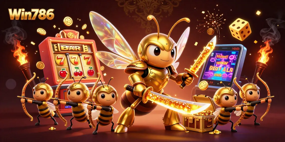 Win786 features vibrant 3D casino action with a giant hornet in samurai armor and jackpot bursts.
