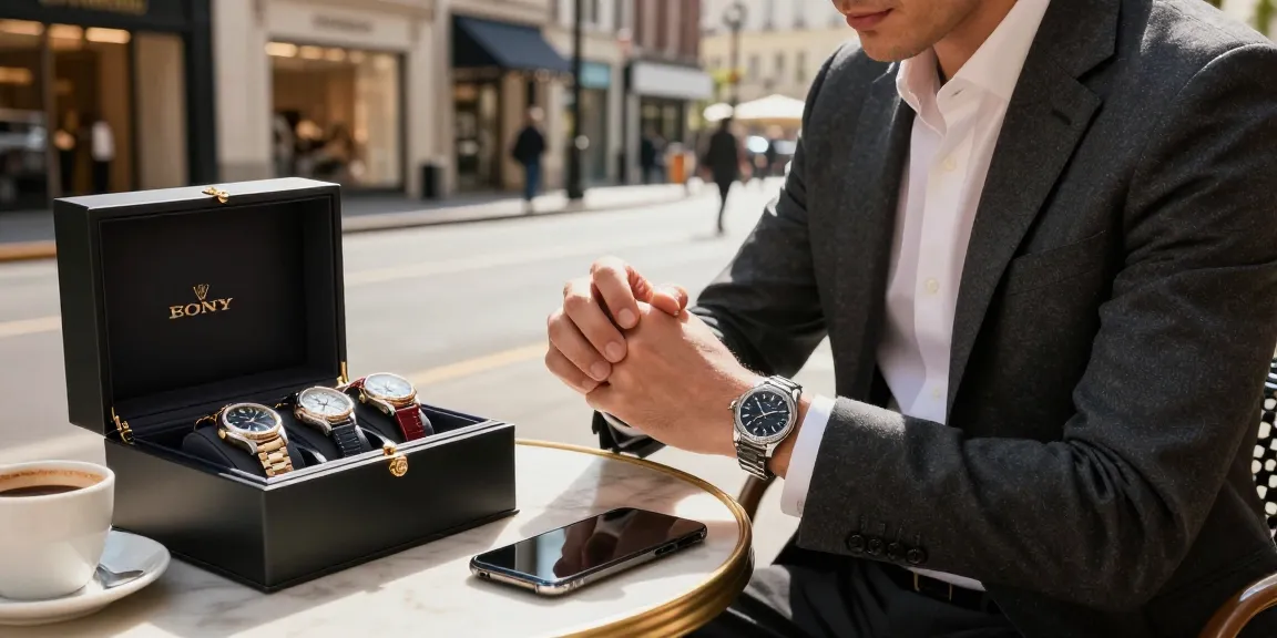 Stylish individual showcasing a premium replica watch in an urban café, highlighting modern luxury.