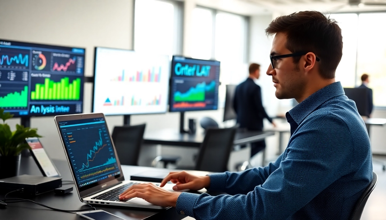 Conducting AI for competitor analysis in a modern office with vibrant data visualizations.