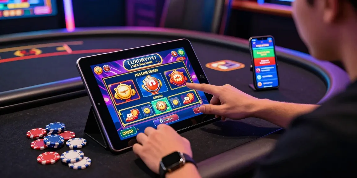 LUXURY111 Link Alternatif dalam suasana kasino virtual yang menarik dengan pengguna memainkan mesin slot digital.