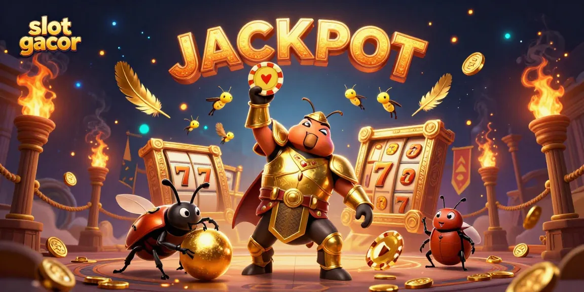 Experience slot gacor wins with a heroic beetle lifting poker chips amidst dynamic casino elements.