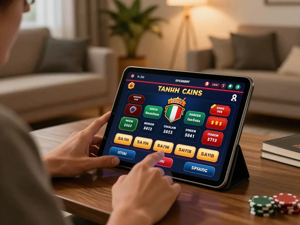 Casino stranieri che accettano italiani, showcasing a player engaged with a tablet for online gambling