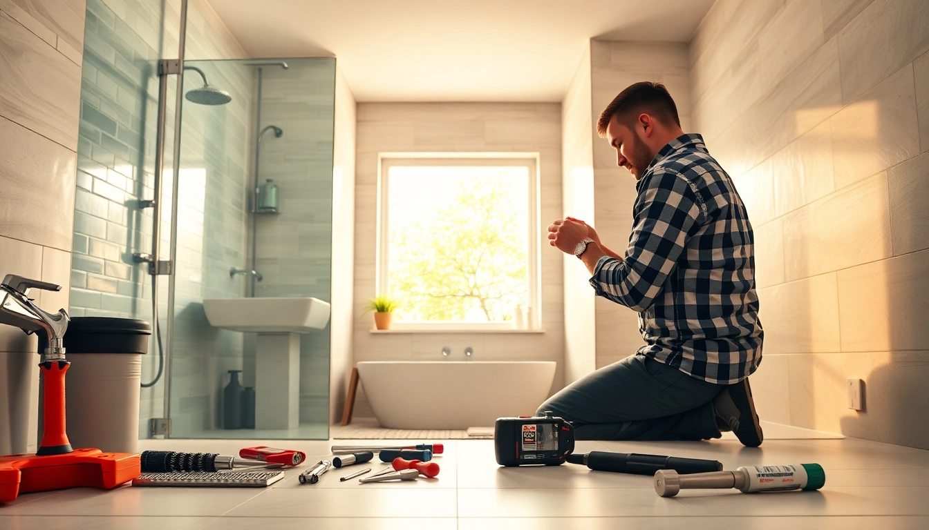 Bathroom installation trafford with skilled tradesperson fitting modern fixtures in a well-lit space.