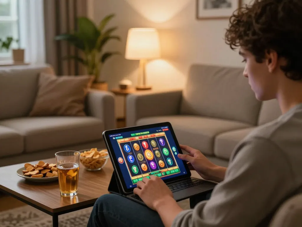 Engaging in slot bet kecil online gaming with vibrant interface in a cozy home setting.