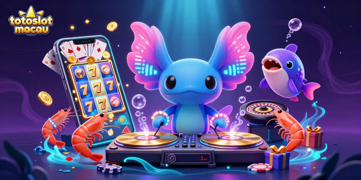 Experience thrilling slots with totoslotmacau's vibrant underwater casino scene featuring a colorful axolotl DJ and lucky coins.