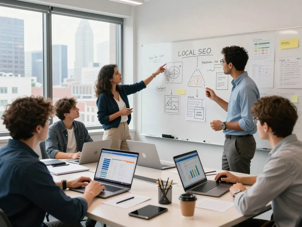 Marketing team strategizing Local SEO NYC techniques in a vibrant office setting.