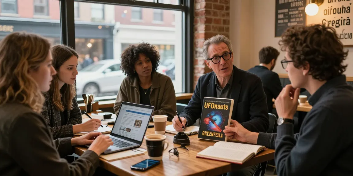 Readers discussing insights from T Allen Greenfield's UFOnauts at https://tallengreenfield.com in a cozy urban café.