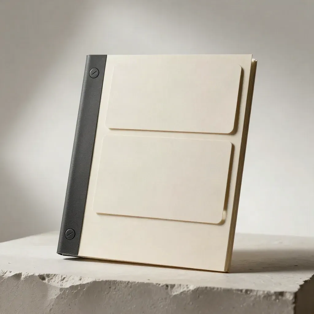 Ivory logo kit sleeve, symbol chips, and blank proof cards hovering over pale plaster.