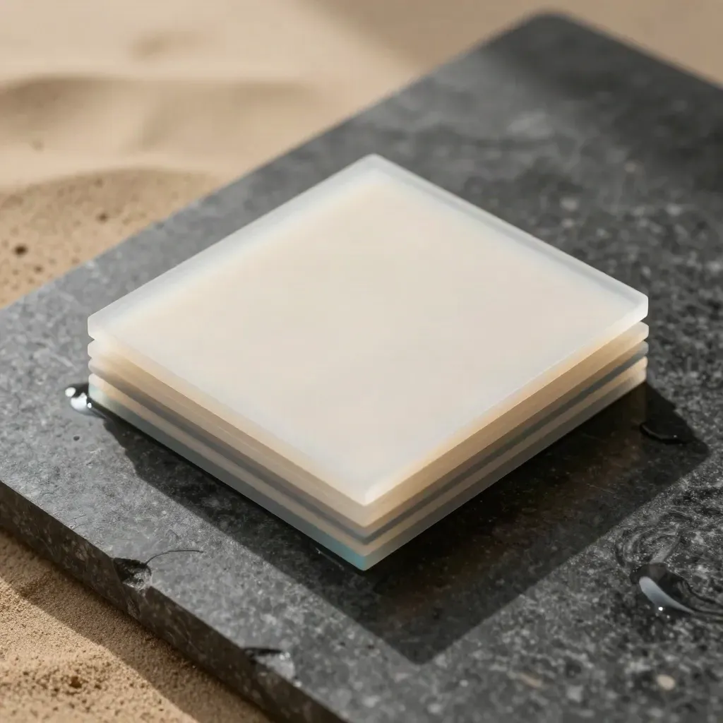 Top-down wet basalt flatlay of stacked square post tiles with acetate spacers and graphite insert.