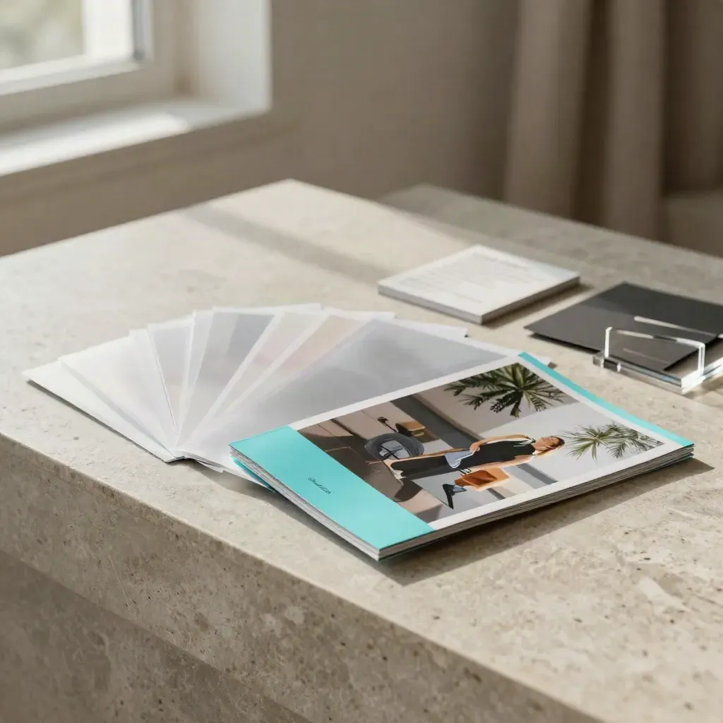 Premium social ad pack folio fanned on a brushed stone ledge with soft cyan accents.