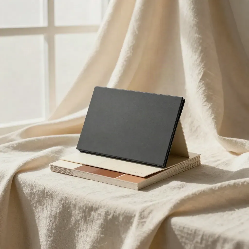 Brand kit mini half-buried in cream linen with charcoal cover, logo tile, color chips and type cards.