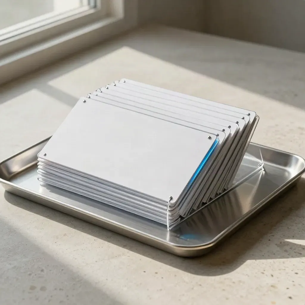 Overhead arc of presentation slide boards with clips on a brushed aluminum tray.