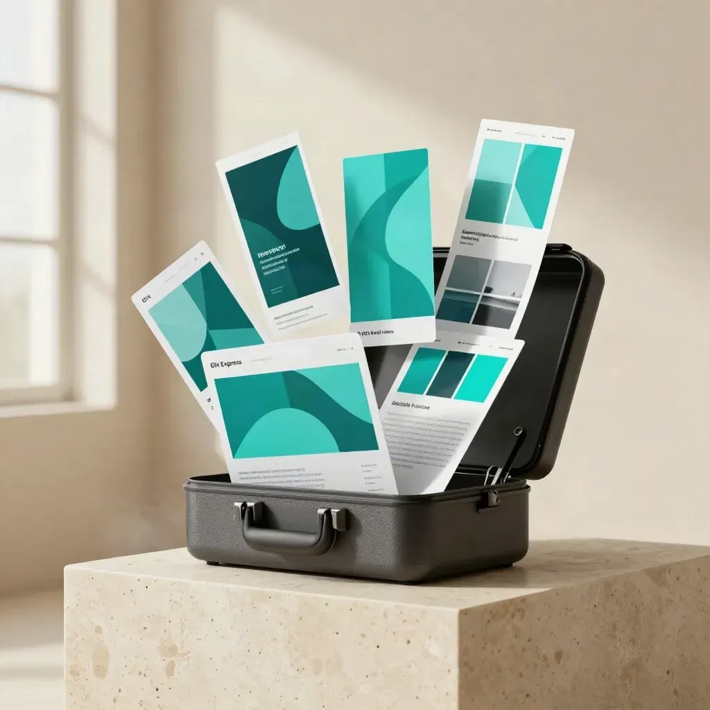 Exploding design sprint cards and mockups from a rigid case on a travertine pedestal